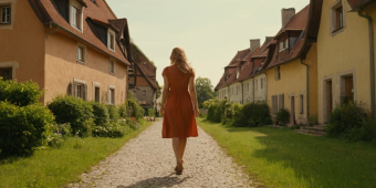 Женщина в струящемся оранжевом платье уходит от камеры по мощеной дорожке, окруженной причудливыми домами с красными черепичными крышами, в залитой солнцем, безмятежной деревне.